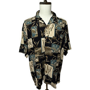 Boca Classics Shirt Mens Large Black Tan Hawaiian Silk Loop Collar Beachy Resort